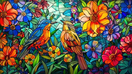 Fototapeta na wymiar Vibrant Stained Glass. Two Birds Amidst Colorful Flowers, Radiating Vibrant Hues.