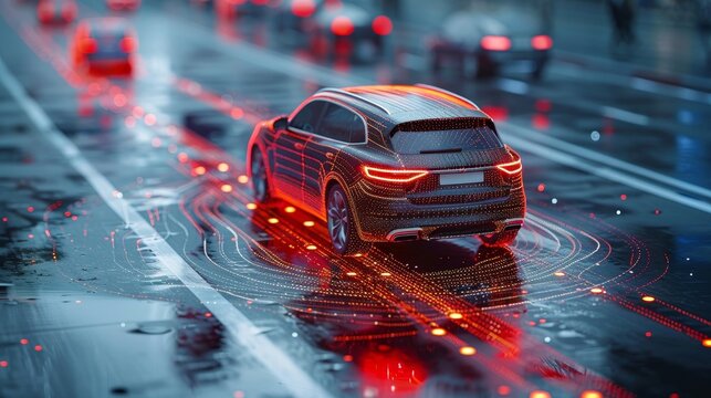 Fototapeta Autonomous cars sensor systems for safety of driverless cars. Future adaptive cruise control that senses nearby vehicles and pedestrians. Smart transportation technology.