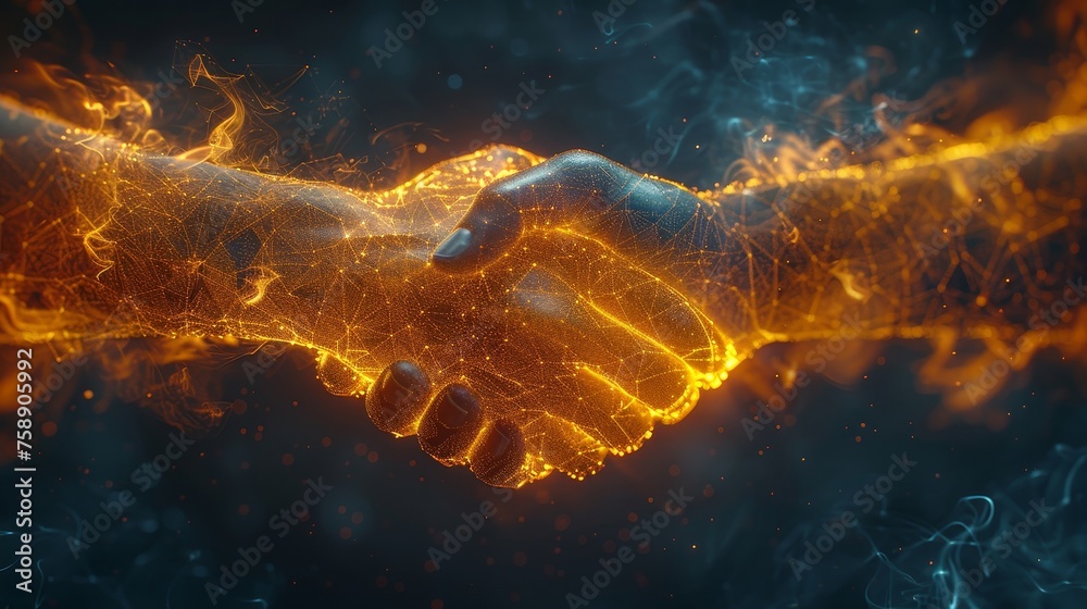 Poster Abstract image of two hands handshake in the shape of flames. Image isolated on a dark background. Low poly wireframe. Particles are connected in geometric shapes.