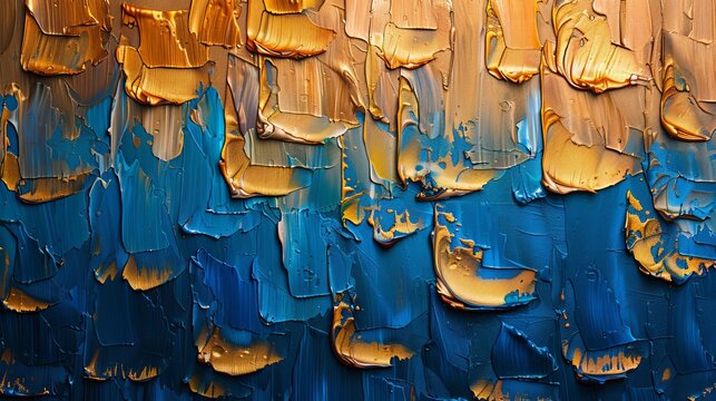 The oil painting may be categorized as abstract, mural, modern artwork, paint spots, paint strokes, golden elements, orange, gold, blue, knife painting. The brushstroke painting could be classified