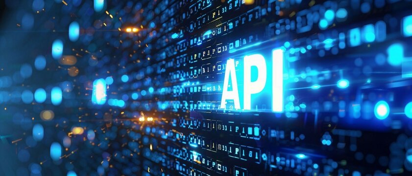 Digital blue matrix binary code forms the acronym API , symbolizing the concept Automated Process Integration.
