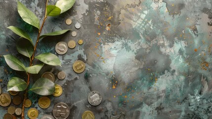 This stock image displays a green plant surrounded by various international coins on a textured, abstract painted background