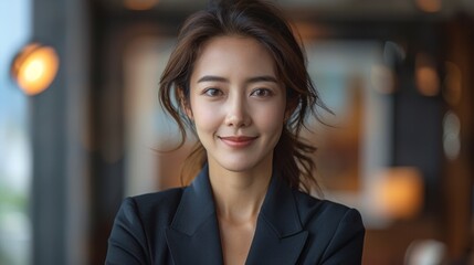 Young confident smiling Asian entrepreneur, elegant professional company executive ceo manager, wearing suit, standing in office with arms crossed. Portrait of young confident smiling Asian - obrazy, fototapety, plakaty