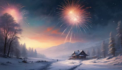Fototapeten New Year's Eve night over a beautiful lake. Evening scene with fireworks bursting and the lakeshore illuminated. Generative AI. © 4K_Heaven