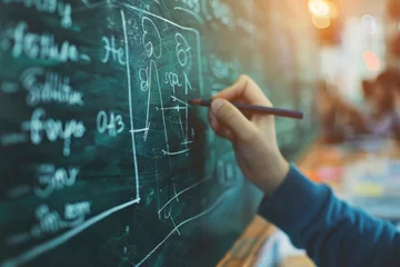 Foto op Aluminium The hand of a teacher writing equations on a blackboard in a classroom. © EMRAN