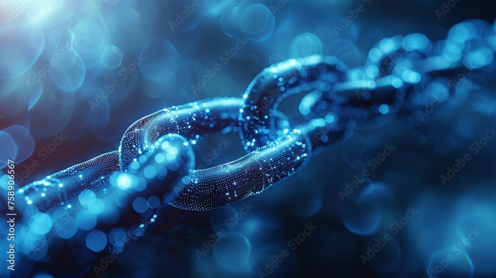 Poster A futuristic polygonal illustration of Blockchain technology. A concept of cryptocurrency development on a blue background. An abstract illustration of a chain block with a chain of blocks.
