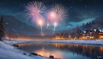 Foto auf Acrylglas New Year's Eve night over a beautiful lake. Evening scene with fireworks bursting and the lakeshore illuminated. Generative AI. © 4K_Heaven