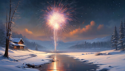 New Year's Eve night over a beautiful lake. Evening scene with fireworks bursting and the lakeshore illuminated. Generative AI.