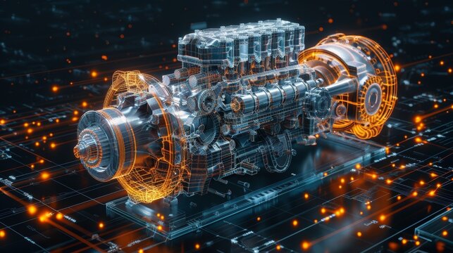 An illustration of a piston engine car on a black background with gear mechanisms - A wireframe design based on a modern illustration - Isolated on a black background with gear mechanisms