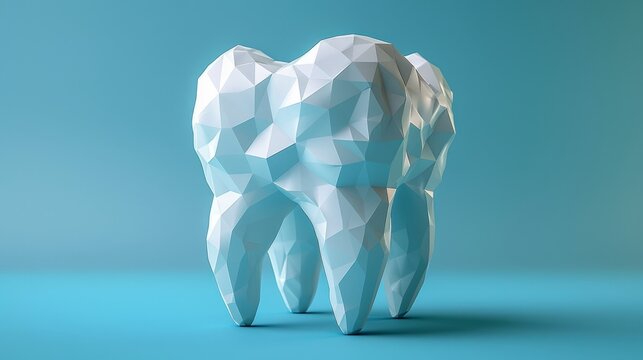 Digital polygonal tooth with calcium and fluoride on a blue background. Strengthens the tooth and protects it from quarrying.
