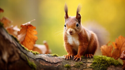 a squirrel is sitting on a tree branch in the woods with leaves around it and looking at the camera - Powered by Adobe