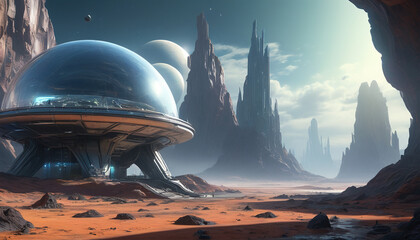 Technological city on Mars. Glass dome where people live.

 - obrazy, fototapety, plakaty