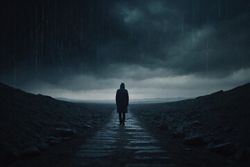 Fototapeta premium Person Standing in the Middle of a Dark Road. Generative AI.