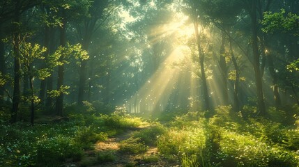 There is a bright sun in the forest - obrazy, fototapety, plakaty