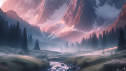 Tranquil Alpine Dawn: Snow-Capped Peaks, Pastel Sky, Silvery Stream, Wildflowers, and Crisp Air - obrazy, fototapety, plakaty