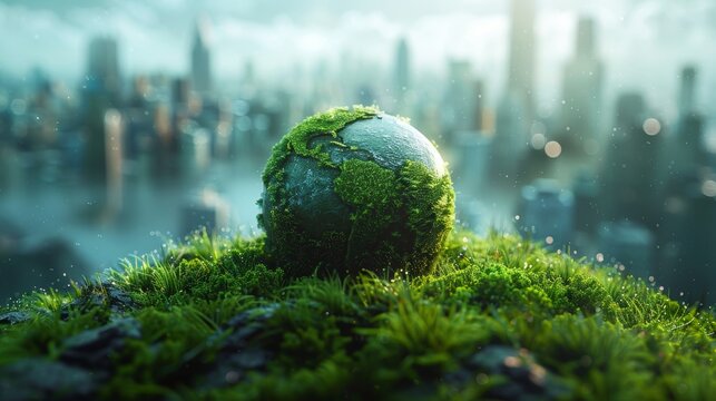 Grass city skyline on a green planet earth. Sustainable source of electricity, power supply concept. Eco-friendly environmental technology approach. NASA image.