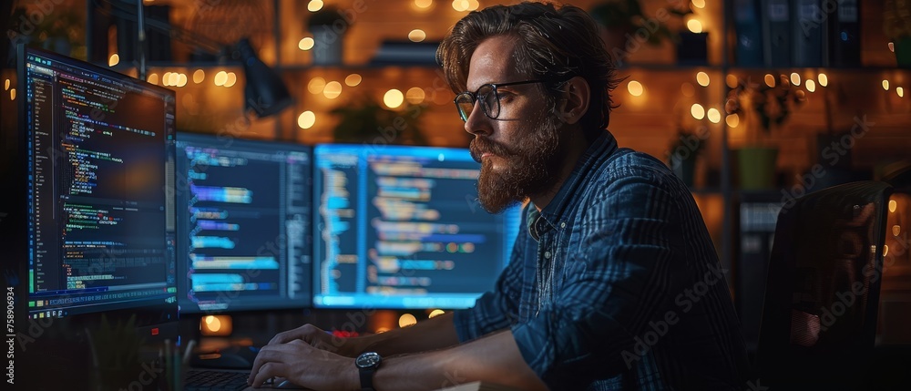 Poster Programmer working in a software development company. Website design.