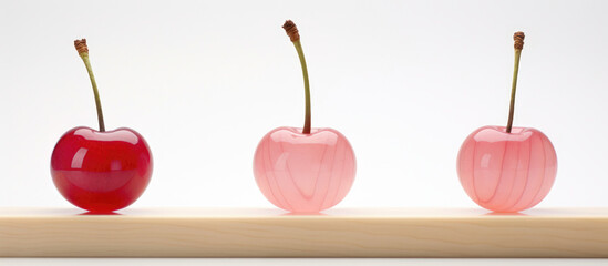A row of three glass cherries, two pink and one red displayed with an almond on a white background.