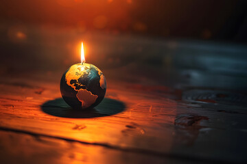 A candle shaped like the Earth burns in the twilight. Earth Hour. Energy efficiency and energy saving. Environmental protection concept. Ecological problems. - obrazy, fototapety, plakaty