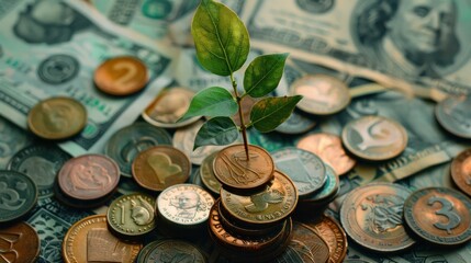 A green plant sprouting from stacked coins against a backdrop of US dollar bills, symbolizing investment growth - Powered by Adobe