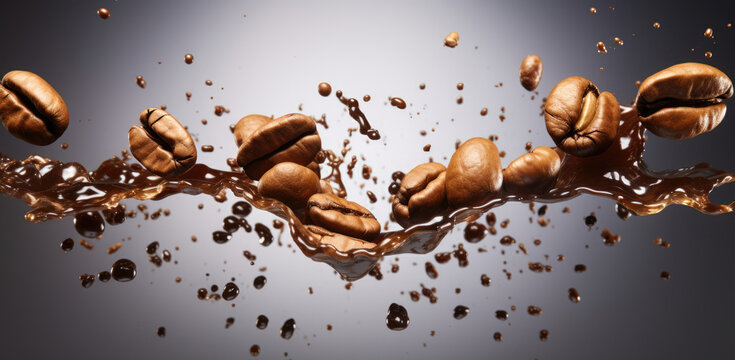 Coffee beans are splashing into water, moving in different angles as they descend.