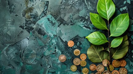 A composition of green plant leaves and scattered coins on a blue grunge textured background for metaphorical growth