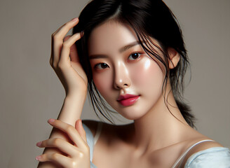 pretty young beautiful asian woman beautiful model profile photoshoot korean makeup skincare closeup looking into camera hand on forehead posing with flawless skin product photoshoot model pose