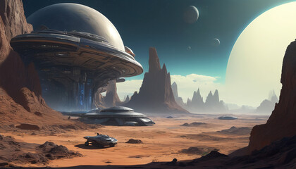 Technological city on Mars. Glass dome where people live.

