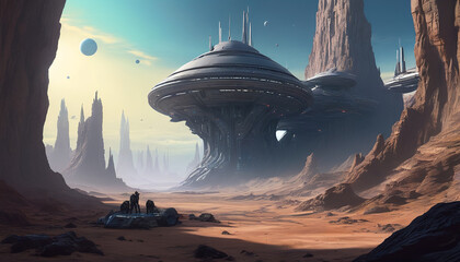Technological city on Mars. Glass dome where people live.

