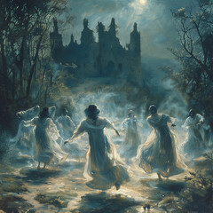 Halloween fantasy: surreal scene of dancing ghosts in the moonlight on the ground of an abandoned castle in ruins
