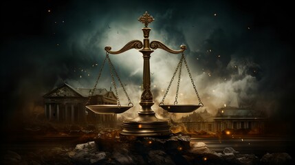 Symbol of Justice - Balanced Scales, powerful image, dramatic background, fairness, equality - obrazy, fototapety, plakaty