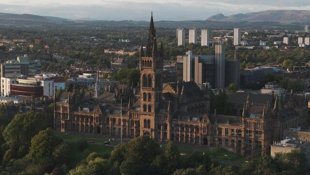 Aerial view of Glasgow cityscape with historic buildings and prominent landmarks, Glasgow, Scotland, United Kingdom.