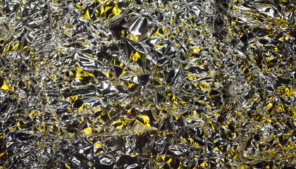 Glare surface. Crumpled aluminum foil. Crumpled background. Colored glitter