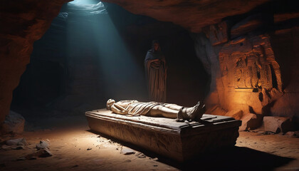 Closed sarcophagus in a cave surrounded by the glow of divine light.

