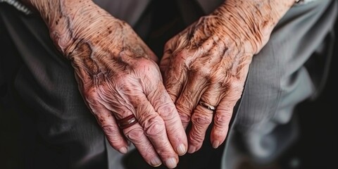 Elderly hands intertwined, with wrinkles telling stories of time and shared history. - Powered by Adobe