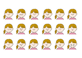 ポニーテールの女性　色々な表情　可愛い　線画　イラスト