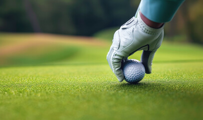 Professional golfer in gloves places ball on grass course for successful putt. Golf player engages in meticulous preparation before hitting ball.