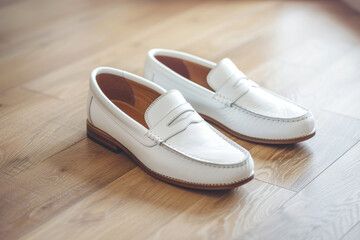 Naklejka premium White leather moccasins stand on parquet floor in entry room. Casual shoes pair demonstrated in fashion store. Quiet luxury style footgear.