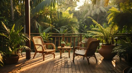 Wooden Terrace in Lush Tropical Jungle Surroundings - Tranquil Oasis of Relaxation - obrazy, fototapety, plakaty