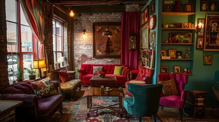 Vibrant Brick-Wall Coffee Shop with Colorful Vintage Furniture and Eclectic Art