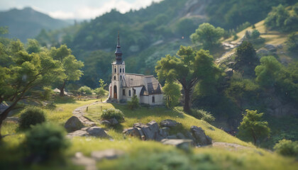 Church building on a beautiful ridge amidst the mountains.

