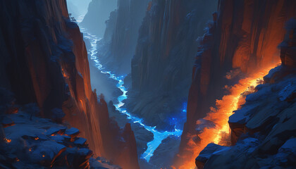 Mountain landscape featuring jagged rocks in a blue hue. Generative AI.