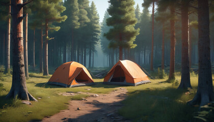 A picturesque camping spot amidst the forest. A beautiful tent pitched. Generative AI.

 - obrazy, fototapety, plakaty
