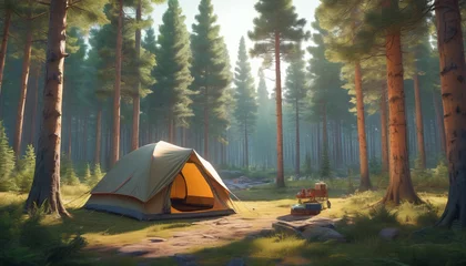 Foto op Canvas A picturesque camping spot amidst the forest. A beautiful tent pitched. Generative AI.   © 4K_Heaven