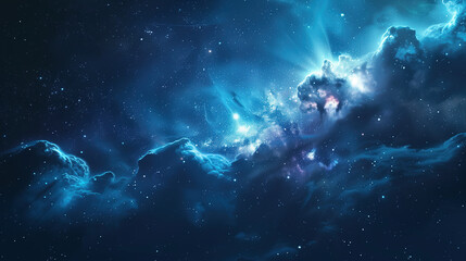 Obraz premium Cosmic Nebula with Blue Stars and Light Beams