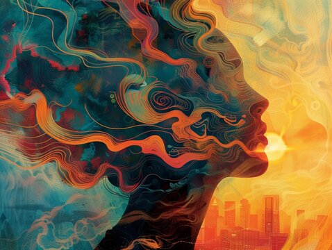 Telepathic Human, Mind Expansion, Evolving Psychic Abilities, Connecting Through Collective Consciousness, Surreal Illustration, Golden Hour, Double Exposure