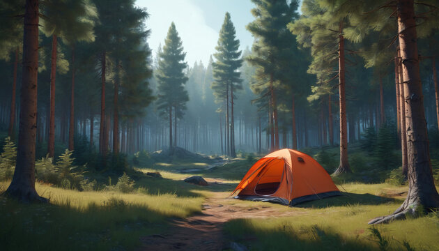 A picturesque camping spot amidst the forest. A beautiful tent pitched. Generative AI.

