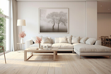 Contemporary white frame against beige and Scandinavian ambiance, providing a view of a modern...