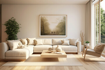 Fototapeta na wymiar Contemporary white frame against beige and Scandinavian ambiance, unveiling a modern living room with plain walls, wooden floor, and a subtle connection to nature.