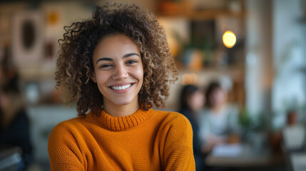 Cheerful Curly-Haired Woman in Warm Sweater. Radiant woman with curly hair smiles warmly, sitting in a cozy cafe ambiance.